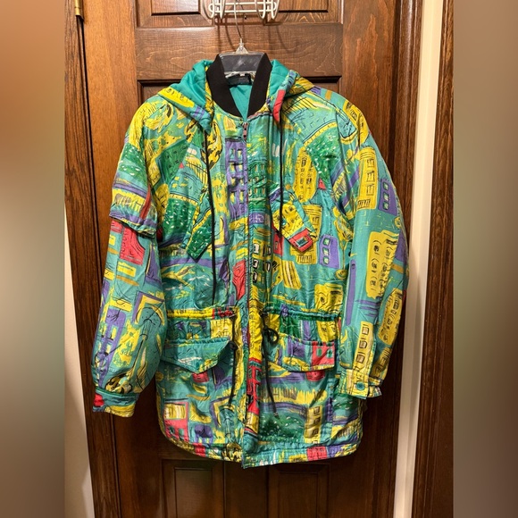 Vintage Sheng Kong Women’s 100% Silk Green Yellow Abstract Pattern Jacket size S - Picture 1 of 12